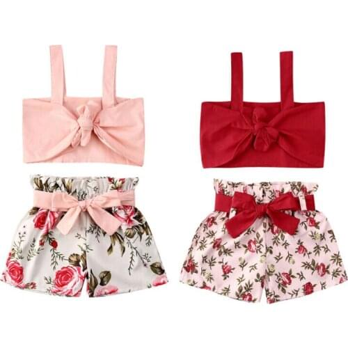 Girl Clothes 2PCS Toddler Baby Girl Floral Clothes Bowknot Sleeveless Crop Tops+Short Pants Outfits 1-5Y