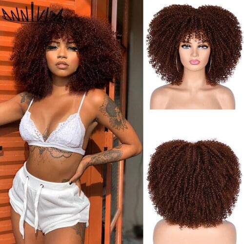 14” Short Hair Afro Kinky Curly Wig With Bangs For Black Women African Synthetic Ombre Glueless Cosplay Wigs Annivia