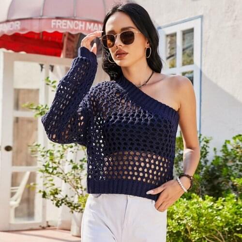 Knitted Shirt Women One Shoulder Tops Ladies Sexy Hollow Out Camisas De Mujer Elegantes Long Sleeve Summer Tops for Women 2021