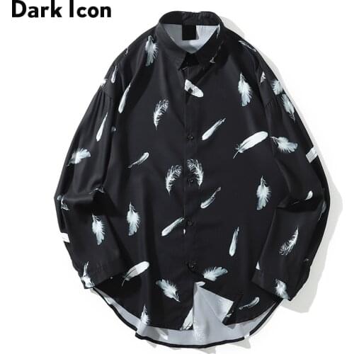 Dark Icon Feather Printed Long Sleeve Blouse Men 2019 Autumn Street Harajuku Shirt Hip Hop Shirt For Man Camisa