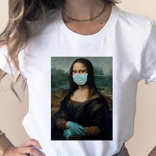 Spoof Mona Lisa Mask Women T Shirt Girl Personality Fashion Harajuku Aesthetics Short Sleeve White Tops Female Clothes,Drop Ship