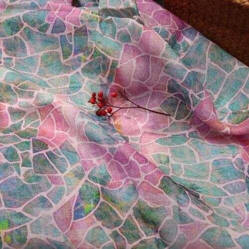 High end natural pure ramie fabric Pink and blue light wave digital printing tissu summer style clothing robe dress patchwork