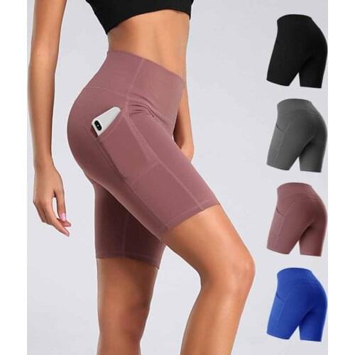 Women Gym Shorts High Waist Lifting Push Up Tight Cycling Sports Leggings + Phone Pocket Jogging Running Fitness Yoga Short Pant