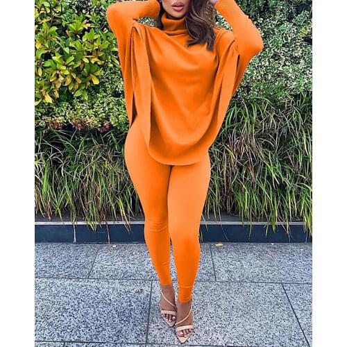 Women Elegant High Neck Batwing Sleeve Top & Skinny Pants Set Plus Size XXXL