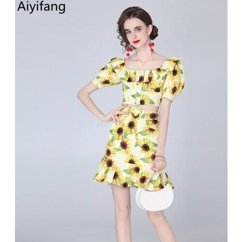 New 2021 Summer Vintage Print 2 Piece Sets Women Puff Short Sleeve Short Shirt Crop Top + High Waist Ruffles Mermaid Skirt Suits