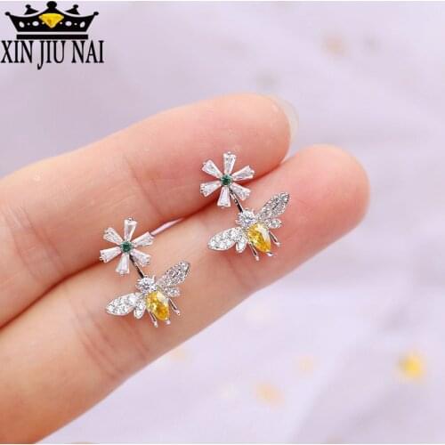 S925 sterling silver micro-set high-quality zircon yellow diamond small bees daisy daily ladies cute party earrings
