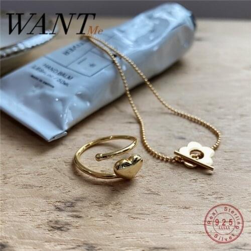 WANTME Genuine 100% 925 Sterling Silver Fashion Golden Double Layer Love Heart Open Ring for Women Korean Chic Jewelry Gift 2020