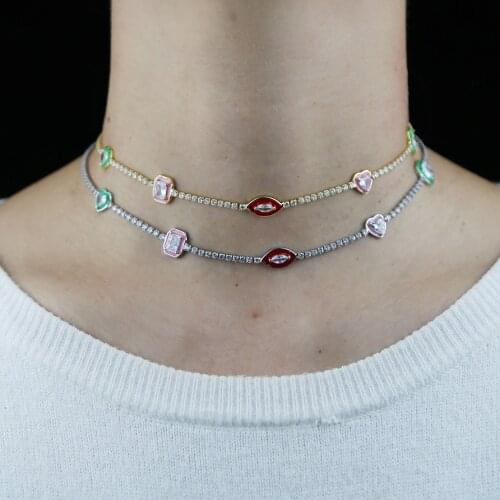 Tennis Chain Choker Women Necklace Green Pink Red Colorful Enamel CZ Various Shaped Geometric Charms