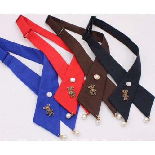 2021 Women Stylish Banquet Cross Bow Tie Student Pearl Metal Head Butterfly Wedding Party Neckwear Suit Adjustable Skinny Bowtie