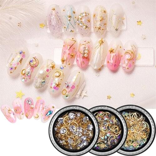 1 Box Gold Moon Star Nail Studs Line Stone Pearls Nail Parts Decoration Star Circle Moon Nail Art Accessories Nail Salon Supply