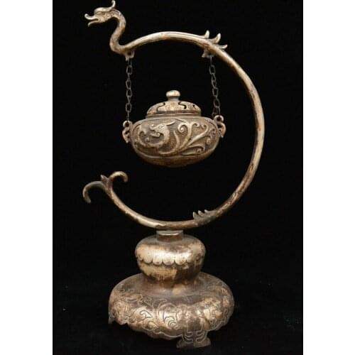 15" Chinese Dynasty Palace Silver Hang Dragon Loong Statue Incense Burner Censer
