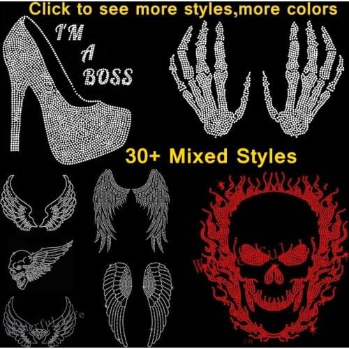 2PCS/lot Wing Skull Hand Butterfly Christmas hotfix rhinestones motif heat transfer applique for cloth designs iron on transfer