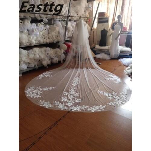 2020 Real Photo white ivory 4M Two Layer Wedding Veil With Comb Lace Bridal Veils Appliqued Cathedral veil Wedding Accessories