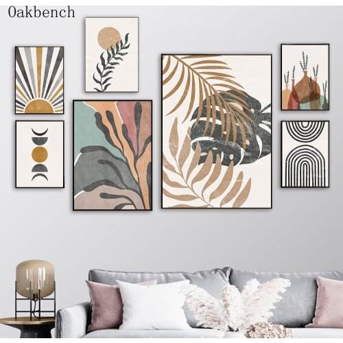 Abstract Wall Art Prints Leaves Poster Botanical Print Sunrise Posters Geometric Modern Wall Painting For Living Room Decoration