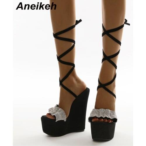 Aneikeh Shoes For Women 2021 Fashion Bling Crystal Pleated Black Flock Sexy Platform Ladies Sandals Ankle Cross-Tied Peep Toe