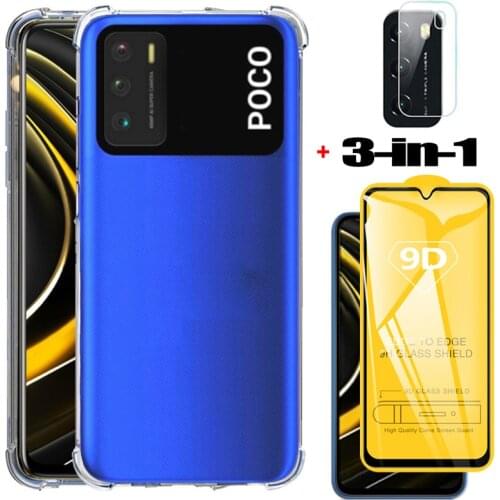 Capa, glass + case for xiaomi poco m3 soft clear anti-shock cover poco x3 nfc mi pocophone m3 phone cases poco x3 poco m3 case