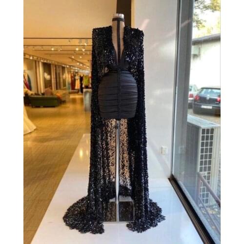 Black Short Evening Dresses 2021 New Arrival Designed Tiered Beaded Front High Neck Sequined Wrap Women Formal Evening Gowns