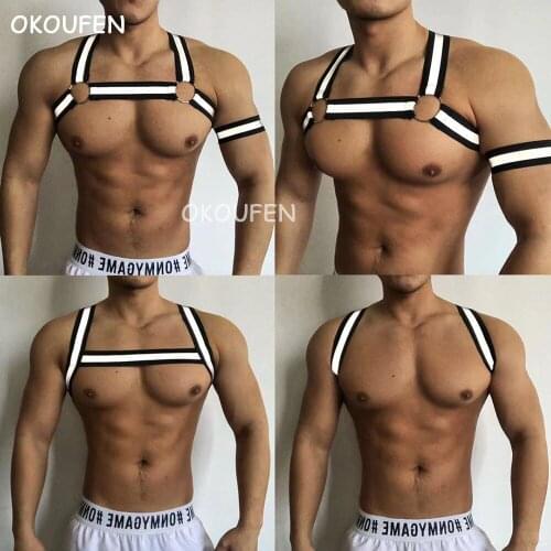 Nightclub elastic shoulder strap Mens significant muscle sexy white lying WP reflective fitness shoulder strap chest strap
