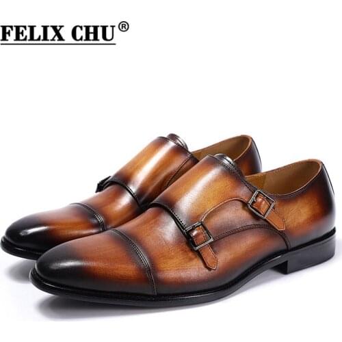 FELIX CHU Handmade Genuine Leather Mens Formal Shoes Comfortable Party Business Wedding Buckle Monk Strap Dress Shoes for Men