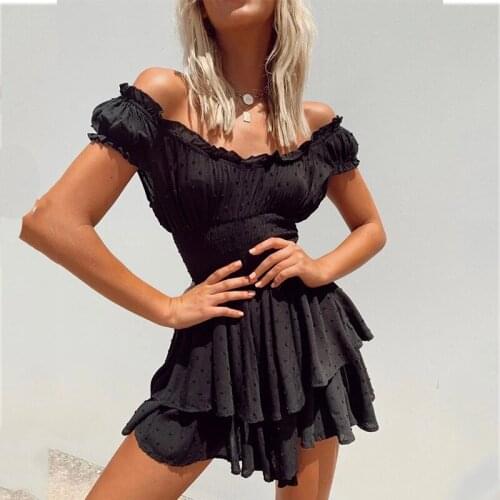 Foridol Polka Dot Dobby Summer Black Dress Off Shoulder Ruffle Layered Short Mini Beach Dress Vintage Cute Dress Vestidos 2021