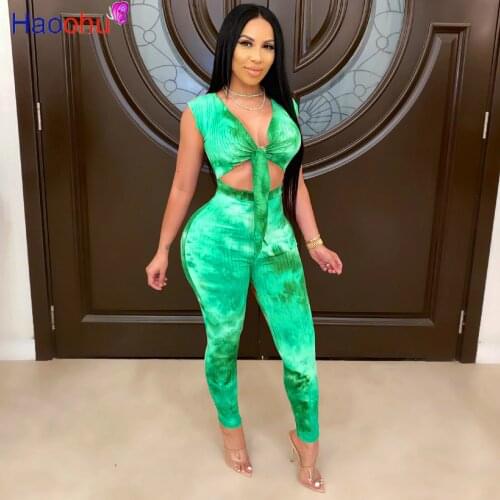 HAOOHU Women Sport Tie Dye Knitted two piece set Tracksuit Tie Up Crop Top Legging jogger Suit Sweatpants Matching Set outfits