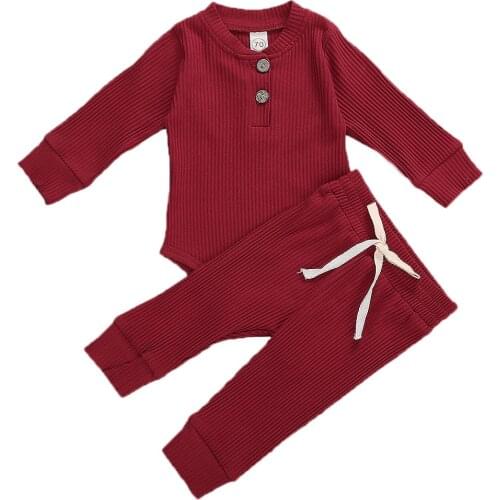 Newborn Baby Clothes 2Pcs Suit Solid Color Knitted Cotton Long Sleeve Striped Romper Pants Childrens Clothing Foy Boys Girls