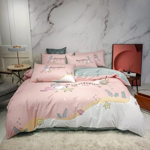 2020 New 100% Cotton Light luxury Printed Bedding Set Cartoon Mermaid Duvet Cover Set Bed Flat Sheet Pillowcases Queen Size 4Pcs