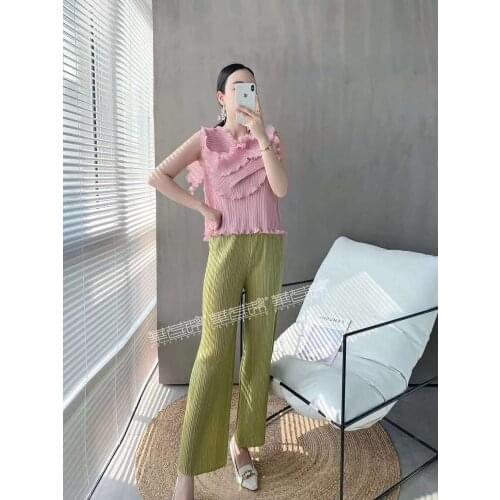 HOT SELLING Miyake solid color sleeveless fashion fold Wild style Lotus leaf T-shirts IN STOCK