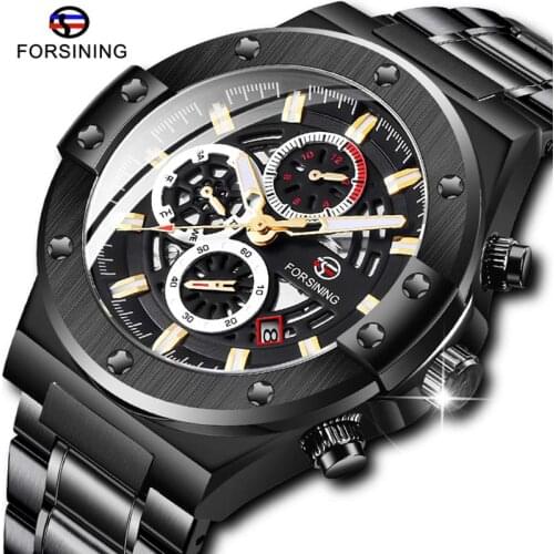 Fashion Forsining Men Black Mechanical Watch Date Multifunction Luminous Hands Automatic Watch Stainless Steel Men Clock