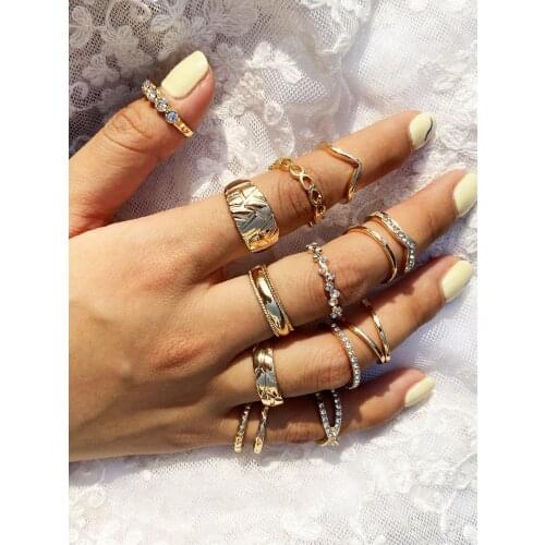 15 pcs/Set New Ins Multi-Element Combination Ring Simple etro Hollow Rhinestone Ring For Women Girls Fashion Jewelry