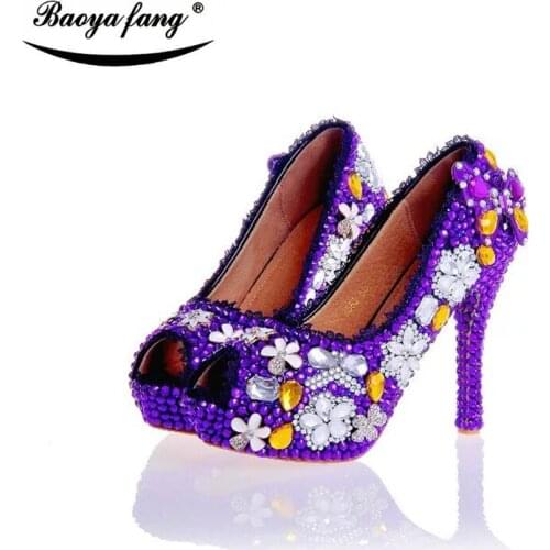 New arrival Purple rhinestone women Wedding shoes Bride fashion platform shoes 12cm high heels shoes plus size 43 fish toe