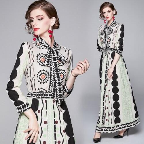 New Spring Summer Fall Runway Vintage Floral Print Bow Tie Neck Long Sleeve Women Ladies Party Casual A-Line Maxi Beach Dress