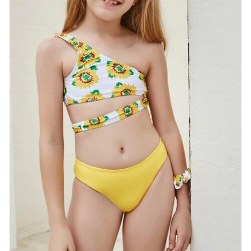 New Girl Cute Off Shoulder Sunflower Print Bikini Two Piece Swimsuit Bathing Suit Kids Beach Swimwear Купальник Для Девочек