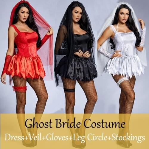 Sexy Halloween Ghost Bride Mini Dress Lace Costume Appealing Uniform Game Zombie Cosplay Female Corpse Devil Wear Adult Women