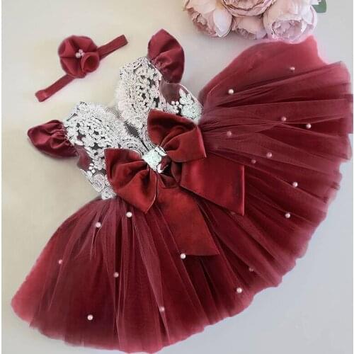 Baby Girl Tutu Pearls Dress 1 2 3 4 5 Years Toddler Newborn Lace Children Princess Dress First Birthday Party Christening Gown