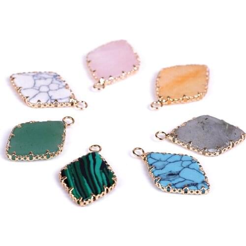 Gold Claw Edge Rhombus Pink Blue white Crystal Stone Quartz Pendant Wholesale Charms for Necklace Dangle Jewelry Making