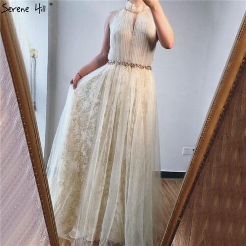 Champagne High Collar A-Line Simple Prom Dresses 2020 Sleeveless Diamonds Sexy Prom Gowns Long Serene Hill BLA70202