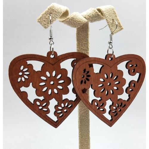 Roform Wholesale 12 Pairs Good Quality Heart-shaped Wood Earrings Organic brown Hollow African Woman Wooden Long Earings