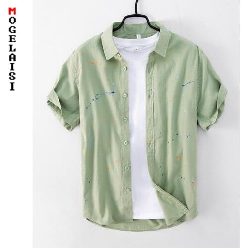 Fashion 100% cotton short sleeve shirt man summer new Breathable Comfortable men tops white Geometric print shirts 884