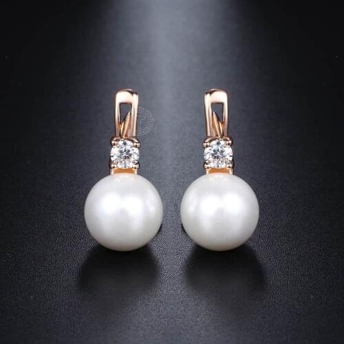 Davieslee White Pearl Stud Earrings For Women 585 Rose Gold Filled Paved Cubic Zirconia Womens CZ Earring Fashion Jewelry DGE128