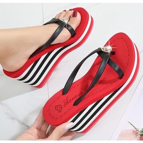 Women Slippers Summer Beach shoes Casual Women new flip flops stripe Platform Rhinestones Wedges Slippers zapatos de mujer sh318