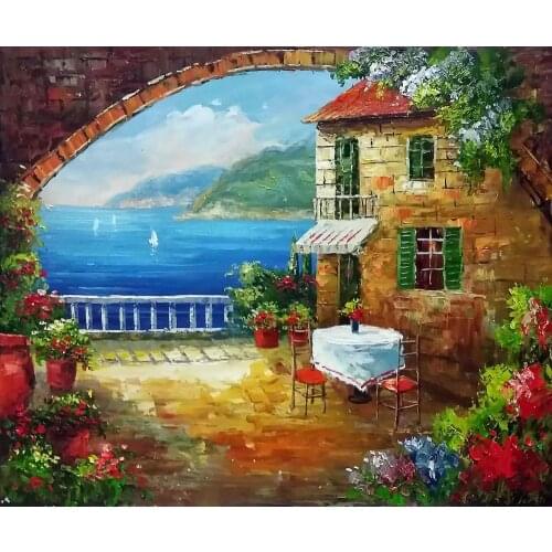 Modern Mediterranean Landscape Decorative Art Oil Painting Wall Painting on Canvas Cafe At Oceanside 100% Hand Painted Artwork