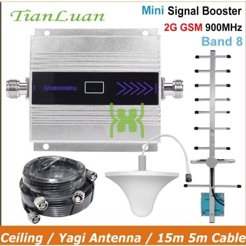 TianLuan 2G GSM 900MHz Mobile Phone Signal Booster GSM 900 MHz Repeater Amplifier with Ceiling / Yagi Antenna / 15m 5m Cable