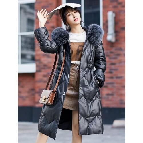 Real Leather Jacket Winter Fox Fur Collar Long Down Jackets for Women Sheepskin Coat Chaqueta Mujer MY4225