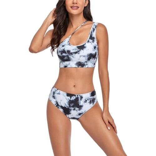 Womans Bikini Swimwear Set Tie-dye Single Shoulder Vest Top High Waist Elastic Panties Two Piece Swimming Set Maillot De Bain