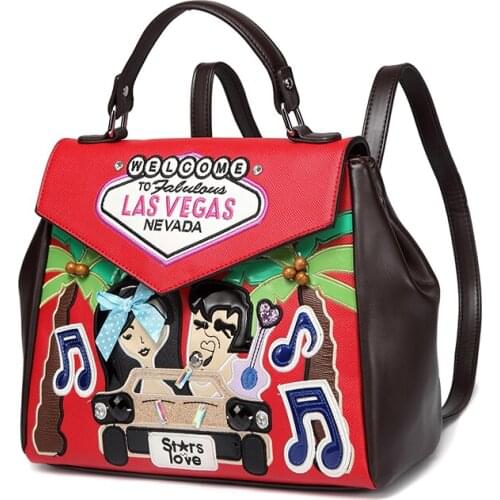Women Leather Patchwork Embroidery Backpack Preppy Schoolbag Travel Bag Totes Braccialini Style Handicraft Cartoon Las Vegas