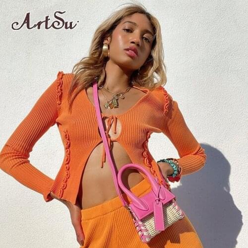Artsu Knitted Tie Up Hollow Out Womens Top Long Sleeve Crop Top T-Shirts Autumn 2021 Winter Bodycon Top Tees Orange