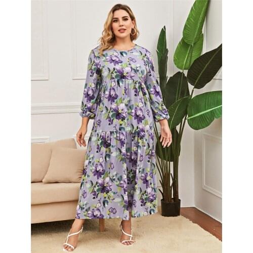 Flower Print Women Long Maxi Dress Muslim Loose Kaftan Dubai Abaya Turkey Caftan Islamic Clothing Arab Party Gown Robe Plus Size