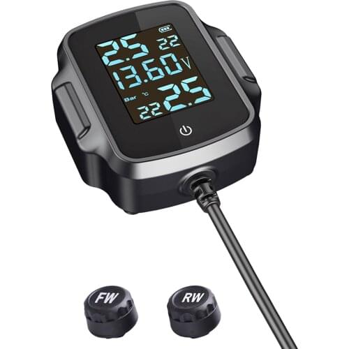 Digital Motorcycle TPMS Tire Pressure Monitoring System Gauge, with Two External Sensors, with QC 3.0 USB Charger