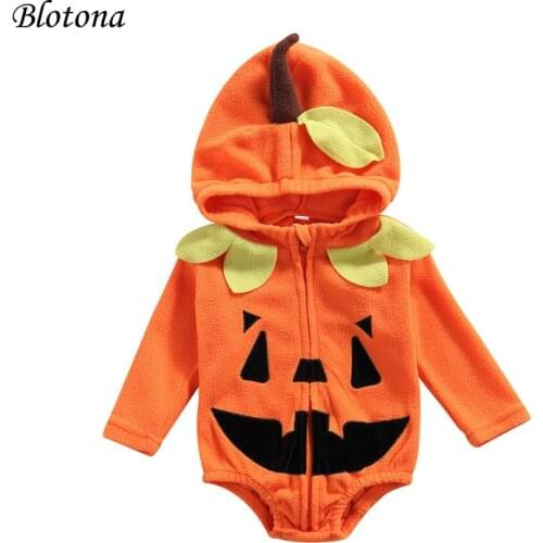 Blotona Baby Halloween Romper, Cute Orange Pumpkin Shaped Long Sleeve Hooded Bodysuit, 0-24Months